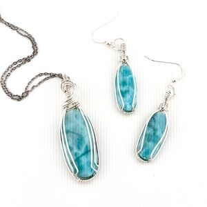 HAND CRAFTED Larimar Wire Wrapped Silver Filled Pendant Necklace and Earring Set
